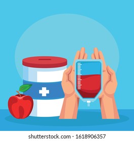 apple, donation tin and hand holding a blood bag over blue background, colorful design, vector illustration