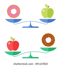 Apple and a donut on a scales. Flat concept illustration of libra, healthy and unhealthy food symbols. Isolated vector elements for diet, eating and healthcare infographics, presentations, and web.