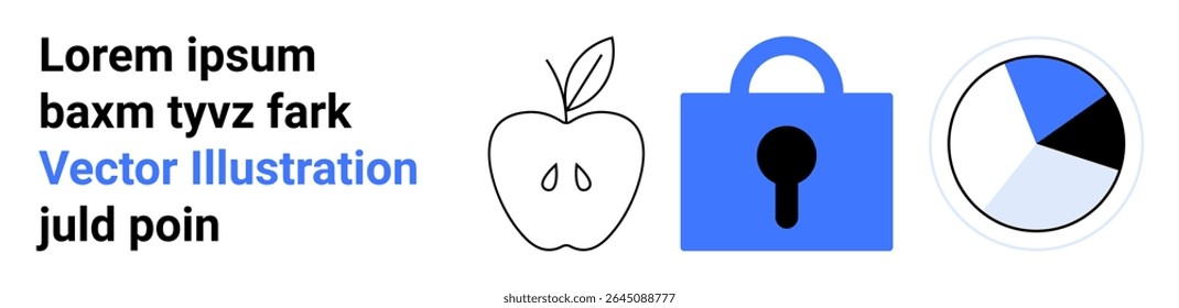Apple doodle, blue padlock, pie chart accompanied by placeholder text Lorem ipsum. Ideal for educational materials, technology, security, data analysis, presentations, graphic design, and posters