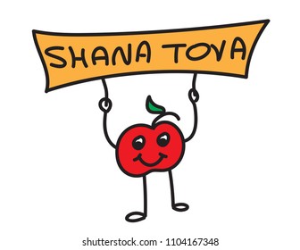 Apple doodle holding a sign with the text SHANA TOVA