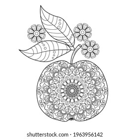 Una manzana con un patrón de doodle, flores y hojas sobre un fondo blanco. Borde negro. Libro de colorantes antiestrés para niños y adultos.