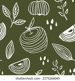 Apple doodle seamless pattern. Adorable hand drawn bicolor chalk Scandinavian vector illustration with sketch drawn scribble farming fruit elements, branches, leaf, seeds, piece