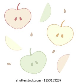Apple doodles.  Vector art of apple halves and slices in three colors / flavors (red, green, and yellow).
