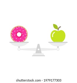 Apple and doughnut on scales. Diet concept. Healthy and unhealthy food. Weight loss, healthy lifestyle, proper nutrition. Vector flat illustration