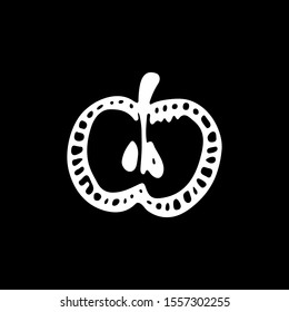 Apple drawing logo. Chalkboard hand drawn doodle illustration. White vector icon isolated on black.