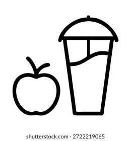 Una manzana y una bebida en una taza se muestran en un dibujo de línea en blanco y negro.