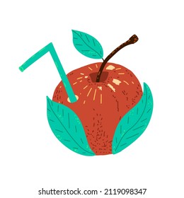 Apfelwein mit Stroh. Nützliches Sommergetränk. Vektorgrafik mit handgezeichneter Stilstruktur.