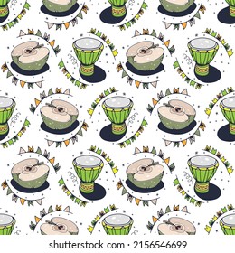 Apple and Drum. Seamless pattern on a white background. Cute vector illustration.