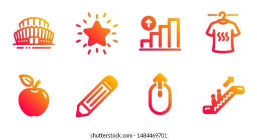 Apple, Dry t-shirt and Graph chart line icons set. Sports stadium, Pencil and Rank star signs. Swipe up, Escalator symbols. Fruit, Laundry shirt. Business set. Gradient apple icons set. Vector
