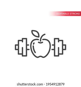 Apple and a dumbbell line vector icon. Eating healthy and fitness workout outline symbol, editable stroke.