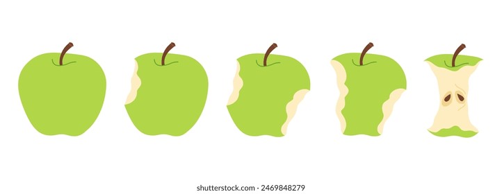 Conjunto de iconos de dibujos animados de pasos de comer de Apple. Etapas de la manzana madura verde que pica de entero a la mitad y el núcleo, la progresión de la mordida conjunto de dibujos animados secuencia animación de la fruta comida Ilustración vectorial de estilo plano de moda