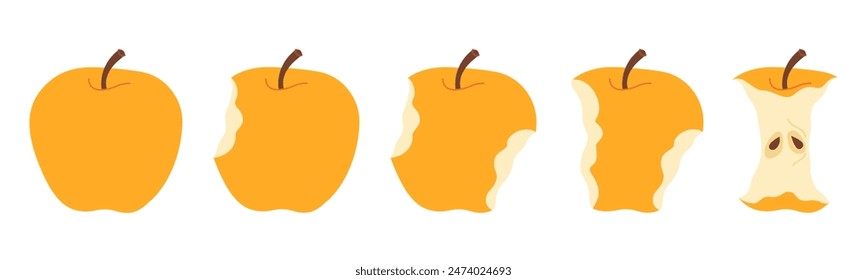 Conjunto de iconos de dibujos animados de pasos de comer de Apple. Etapas de mordedura de manzana madura amarilla de todo a la mitad y el núcleo, la progresión de la mordedura conjunto de dibujos animados secuencia animación de la fruta comida Ilustración de Vector de estilo plano de moda