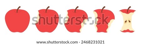 Apple eating steps cartoon icon set. Stages of biting red ripe apple from whole to half and core, bite progression cartoon set sequence animation of eaten fruit. Trendy flat style vector illustration
