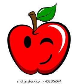 Apple Emoticon Emoji. Happy, Joyful, pleased, amused, blink, tongue red apple.