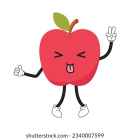 Apple emoticon with kawaii eyes, legs and hands is showing tongue. Emoji fun cartoon character.