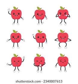 Apple emoticon set with kawaii eyes, legs and hands in different poses. Emoji cartoon character collection.