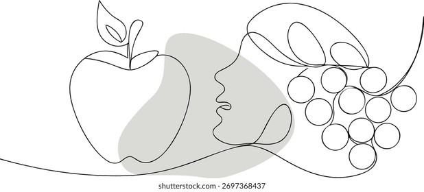 Vector de arte de línea abstracta de la cara y las uvas de manzana