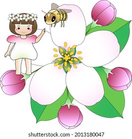 Apple fairy and flying bee on apple blossom