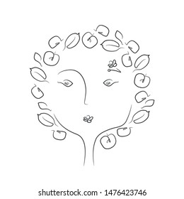 Apple fairy with apple tree. Black-white vektor illustration.