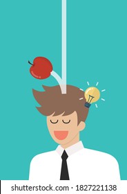 Apple falling dawn to the man head. Man thinking a new idea. Vector illustration