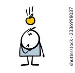 Apple falls from a tree branch onto the head of a thoughtful stickman. Cartoon vector illustration of a scientist physicist. Funny character isolated on white background.