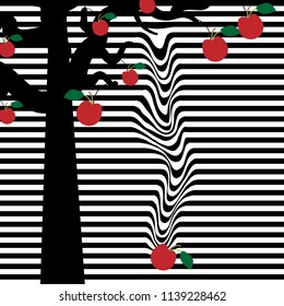 An apple falls from a tree in a humorous abstract op art illustration.