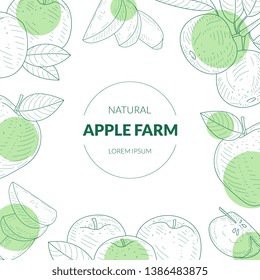 Apple Farm Banner Template with Organic Natural Fresh Fruits Hand Drawn Vector Illustration