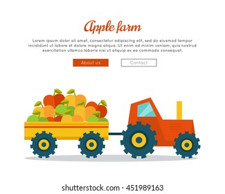 Apple farm conceptual banner. Flat design. Delivering fresh fruits from farm to market. Tractor with trailer carries big apples. Template for farm, fruit shop, transport company web page.      