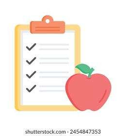 Apple with file denoting flat concept icon of diet plan, customizable vector