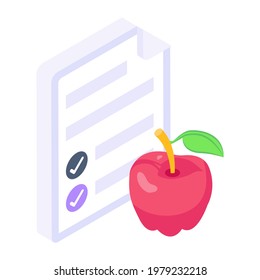 Apple with file depicting diet plan, editable isometric icon 