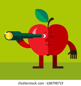 Apple  find money by spyglass. Flat style vector illustration. Funny cartoon character for agriculture or food design