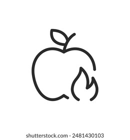 Manzana y fuego, icono de estilo lineal. energía y metabolismo. Ancho de trazo editable