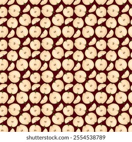 Apple flat seamless pattern on brown background. Wrapping paper, gift card, poster, banner design. Home decor, modern textile print. Summer bright geometric fruits patterned.