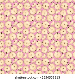 Apple flat seamless pattern on pink background. Wrapping paper, gift card, poster, banner design. Home decor, modern textile print. Summer bright geometric fruits patterned.