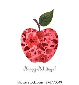 Apple with floral pattern on white background. Vector illustration