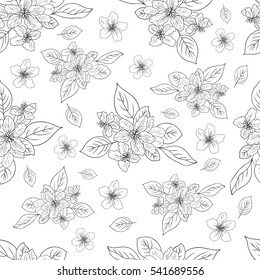 Apple flower blossom hand drawn isolated on white background, seamless vector floral pattern, pink sakura outline art for greeting card, package design cosmetic, wedding invitation, wallpaper beauty