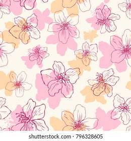 Apple Flower Blossom Hand Drawn Isolated On Light Background, Seamless Vector Floral Pattern, Pink Sakura Outline Art For Greeting Card, Package Design Cosmetics, Wedding Invitation, Wallpaper Beauty