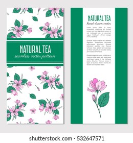 Apple flower blossoming hand drawn isolated on white background, seamless vector floral pattern, decorative sakura for greeting card, package design cosmetic,natural tea, wedding invitation, menu