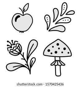 Apple, flower, fly agaric, leaves, to create a design in doodle style
