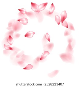 Apple flower flying petals isolated on white. Modern beauty salon background. Japanese sakura petals springtime confetti, blossom elements flying. Falling cherry blossom flower parts design.