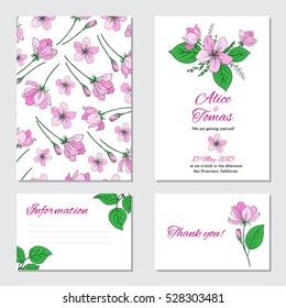 Apple flower, leaf hand drawn isolated on white background, seamless vector floral pattern, pink sakura line art texture , decorative frame, design greeting card, wedding invitation, package cosmetic