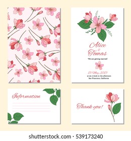 Apple flower, leaf hand drawn isolated on white background, seamless vector floral pattern, pink sakura line art texture , decorative frame, design greeting card, wedding invitation, package cosmetic