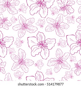Apple flower tree blossom hand drawn isolated on white background, seamless vector floral pattern, pink sakura line art for greeting card, package design cosmetic, wedding invitation, wallpaper beauty