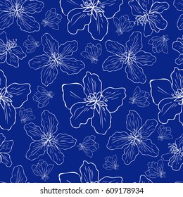 Apple flower tree blossom line art sketch hand drawn isolated on blue background, seamless vector floral pattern, white sakura for greeting card, package design cosmetic, wedding invitation, wallpaper