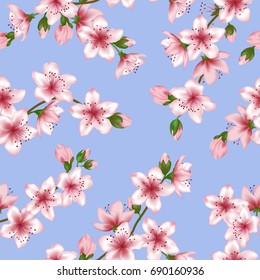 Apple flowers blossom branches vector seamless pattern. Pink cherry flowers textile, spring blossom fabric, tree branches blue background.