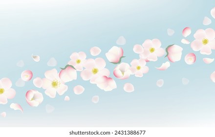 Fondo azul aislado del borde de las flores de manzana con la malla del degradado, ilustración vectorial 