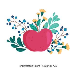 Apple with Flowers and Leaves Behind Vector Composition