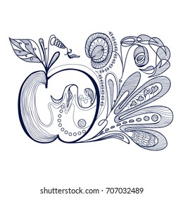 apple with flowers and leaves on white background