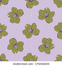 Apple flowers on striped geometric background. Modern floral seamless vector pattern suitable for fashion fabrics, wallpapers, curtains, upholstery and wrapping paper.  