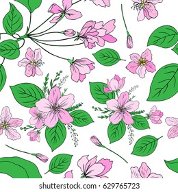 Apple flowers tree blossom, bud, leaf, branch colorful botanical sketch hand drawn isolated on white, seamless vector pattern for greeting card, package design cosmetic, wedding invitation, wallpaper
